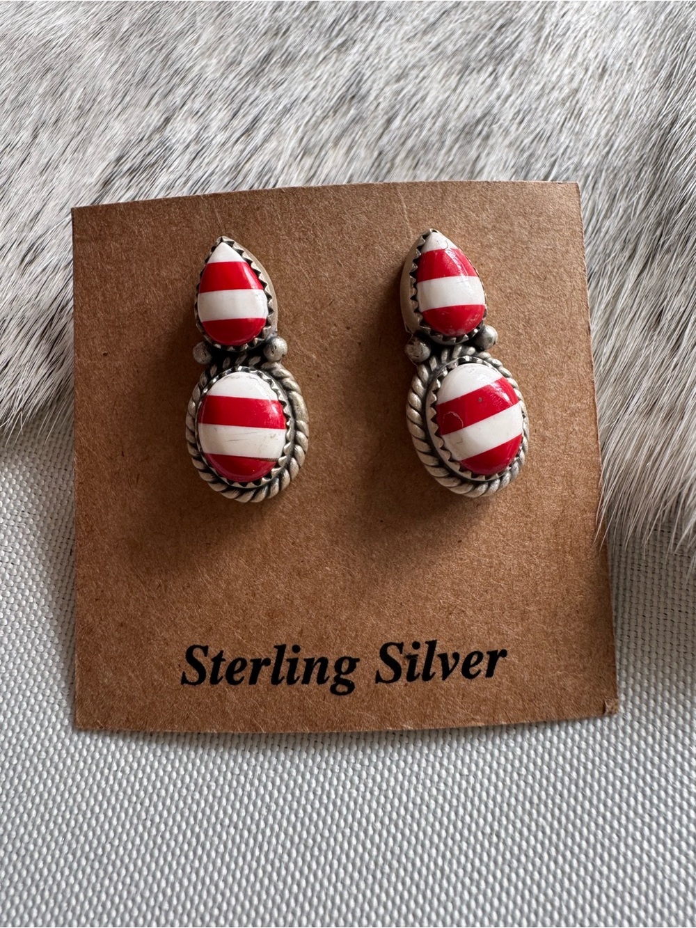 Sterling Silver Red and White Striped Teardrop Earrings